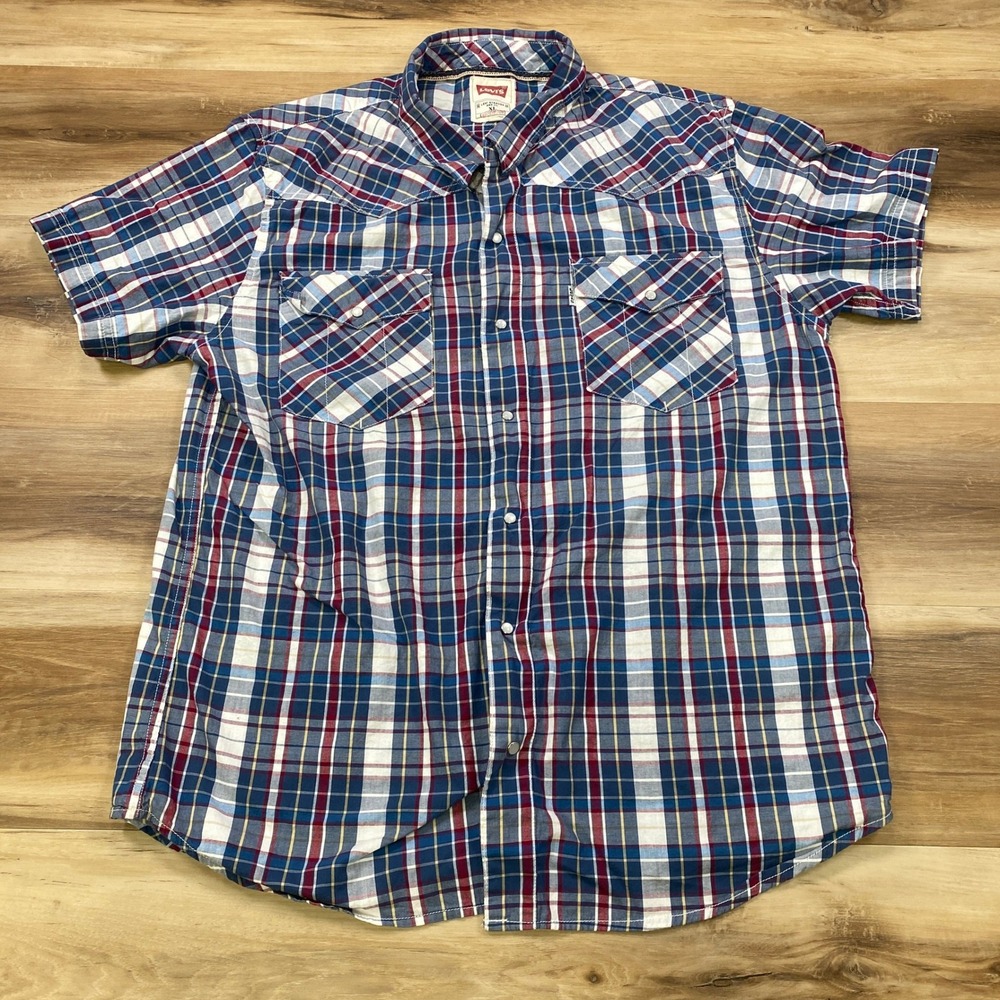 Levi's Western Shirt Men XL Pearl Snap Plaid Cotton Short Sleeve Blue Red Modern